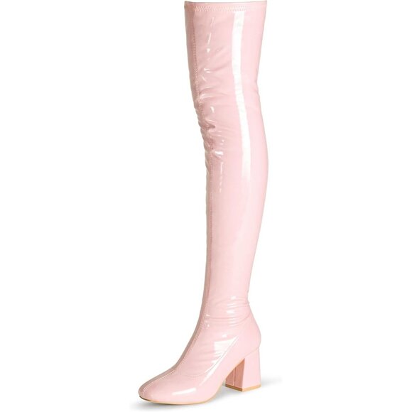 Women Pink Patent Leather PU Chunky Heel Over The Knee Square Toe Long Boot - Picture 2 of 7